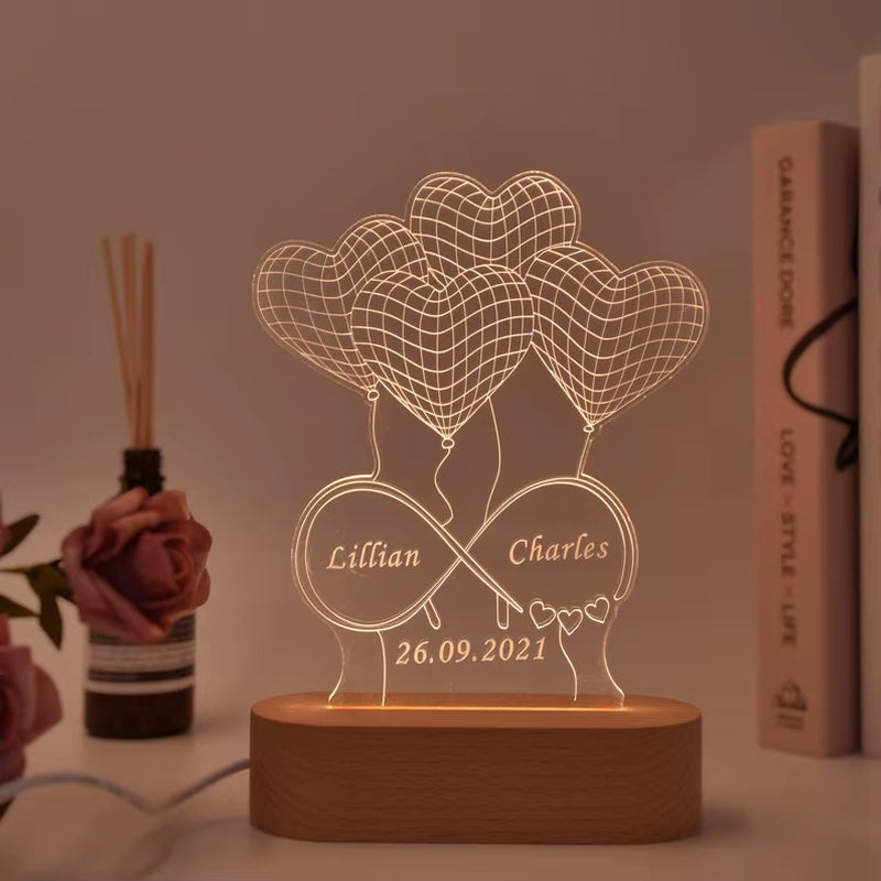 Custom Heart Shaped Balloon Night Light with Engraved Name or Message 3D Illusion Infinity Love Light for Couples Bedroom Deco