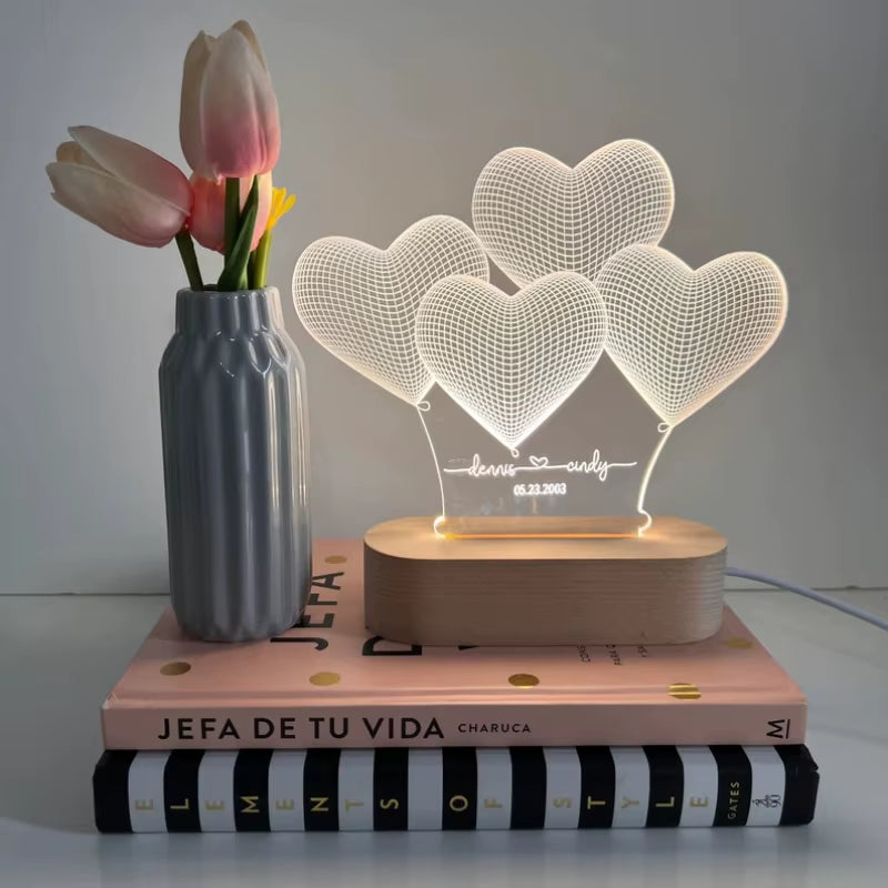 Custom Heart Shaped Balloon Night Light with Engraved Name or Message 3D Illusion Infinity Love Light for Couples Bedroom Deco