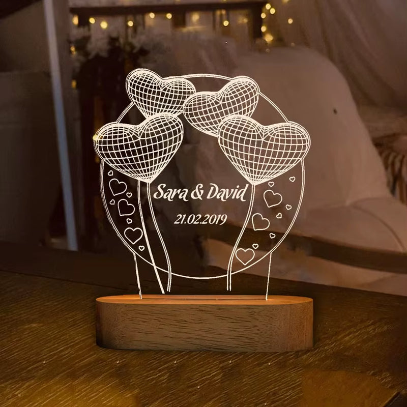 Custom Heart Shaped Balloon Night Light with Engraved Name or Message 3D Illusion Infinity Love Light for Couples Bedroom Deco