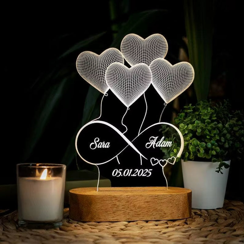 Custom Heart Shaped Balloon Night Light with Engraved Name or Message 3D Illusion Infinity Love Light for Couples Bedroom Deco