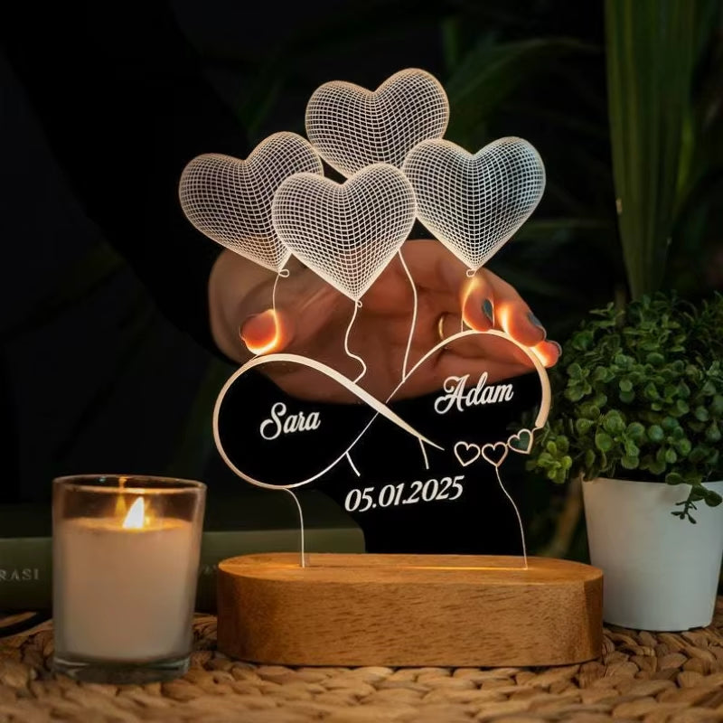 Custom Heart Shaped Balloon Night Light with Engraved Name or Message 3D Illusion Infinity Love Light for Couples Bedroom Deco